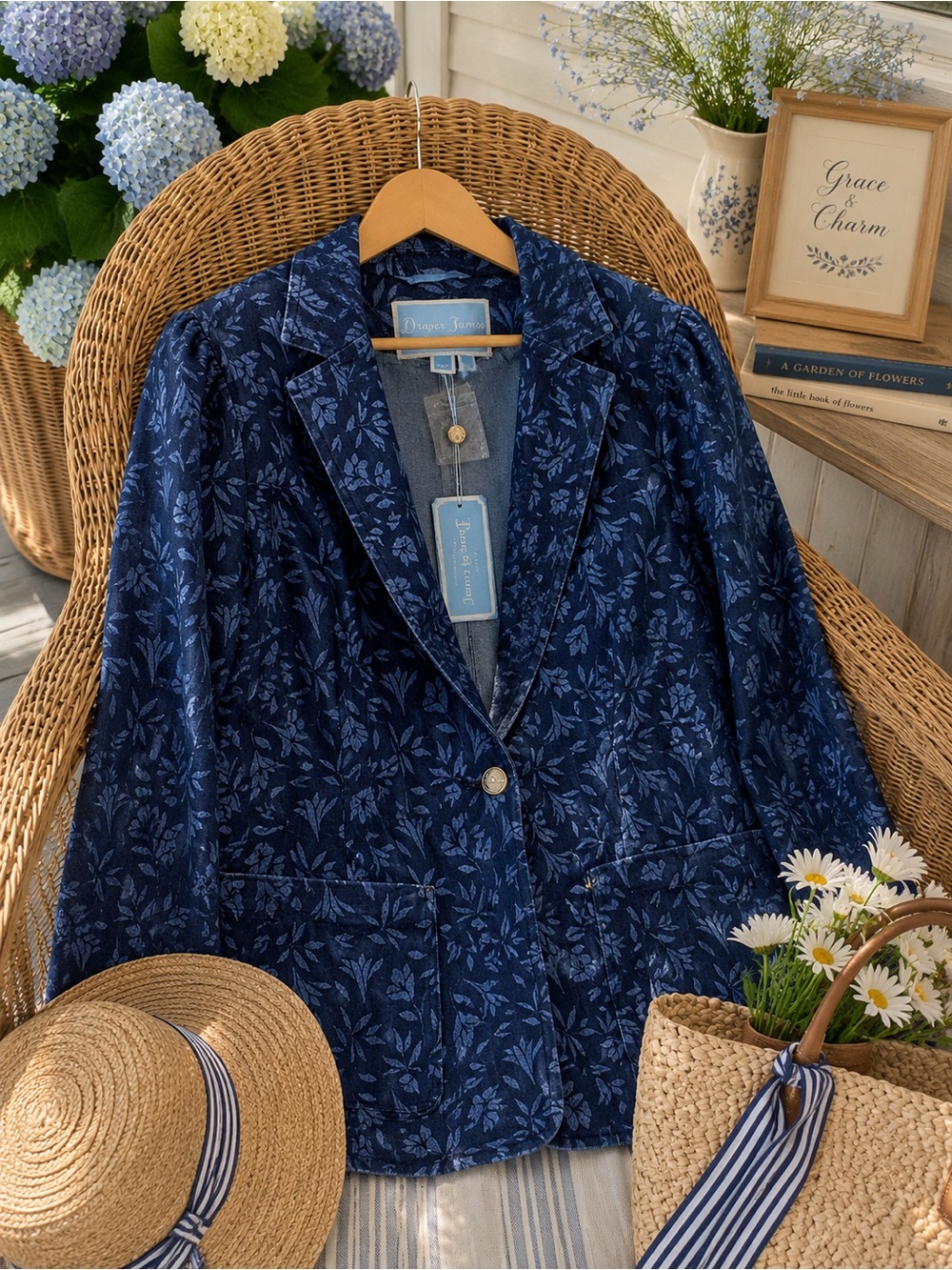 NWT Draper James Floral Denim Blazer Jacket 20W 20X Blue Plus Size $135 Retail